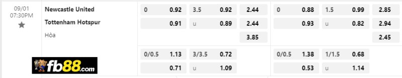 Phân tích tỷ lệ trận Newcastle vs Tottenham